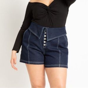 ELOQUII Sz 14 Foldover Waist Dark Jean Short with Button Detail NWOT